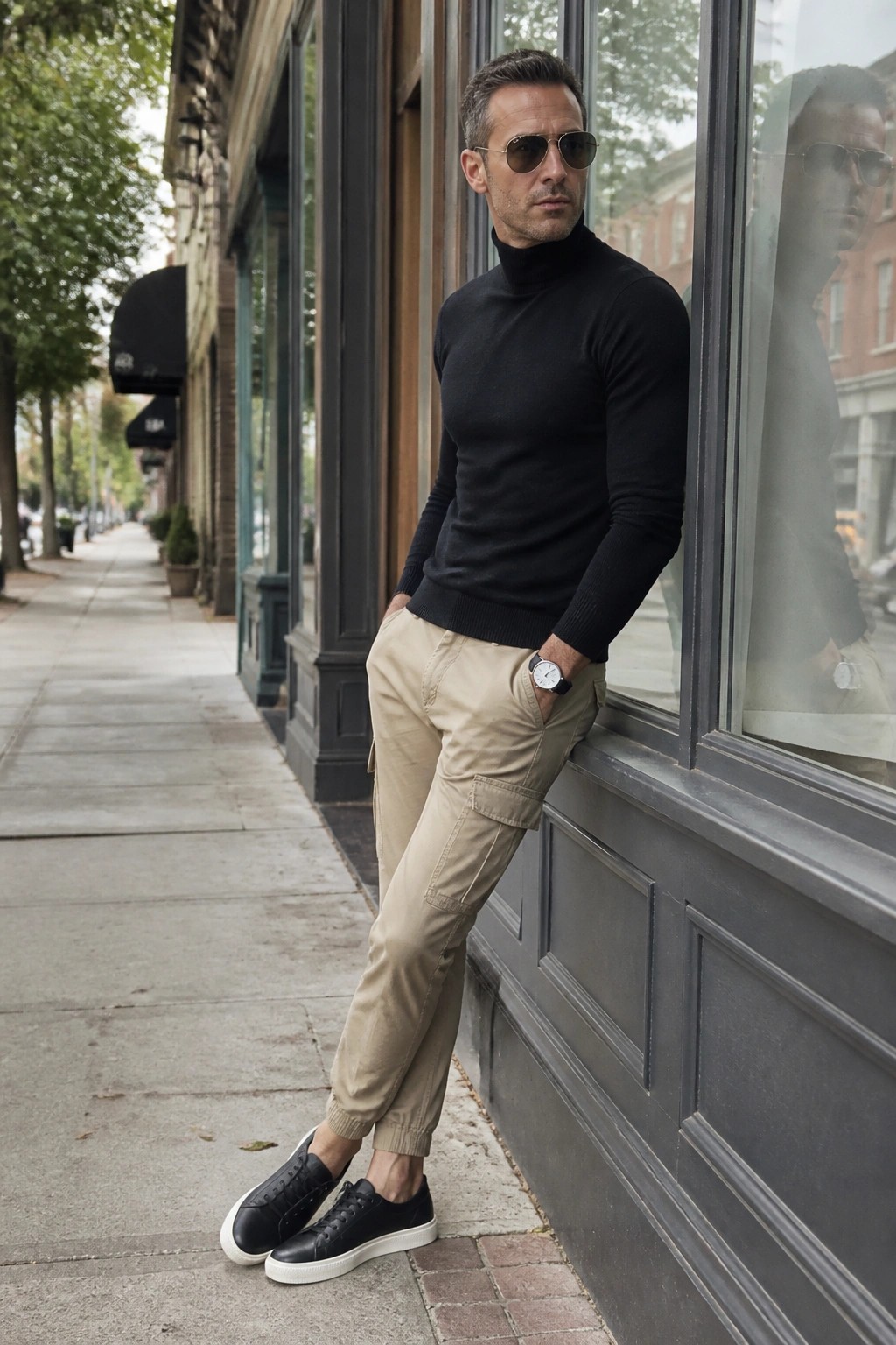 Man in black turtleneck and beige cargo pants leaning on city window