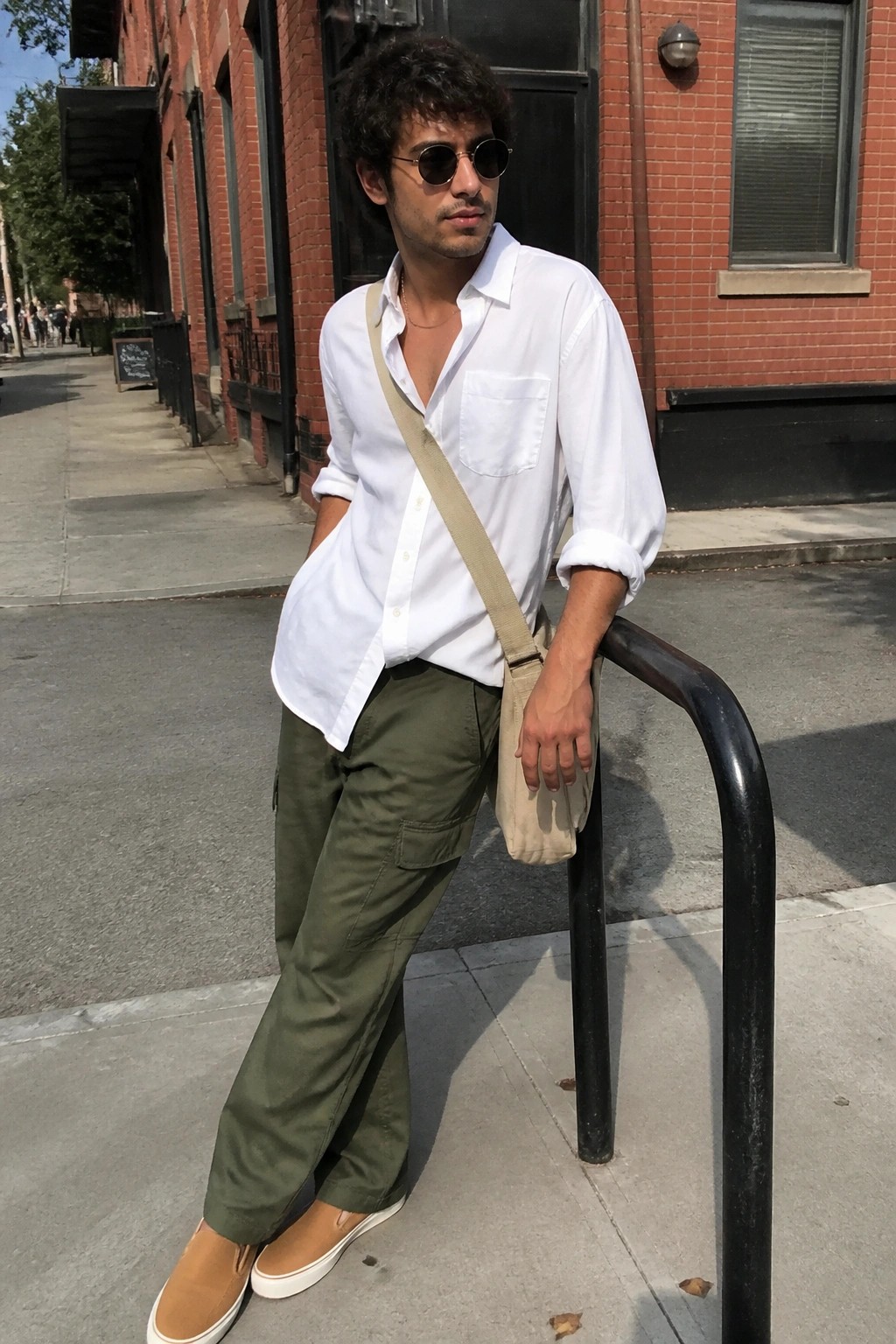 Man wearing a white button-up shirt with rolled sleeves tucked partially into olive green cargo pants, paired with tan slip-on shoes and a beige crossbody bag, standing outdoors near a black railing.