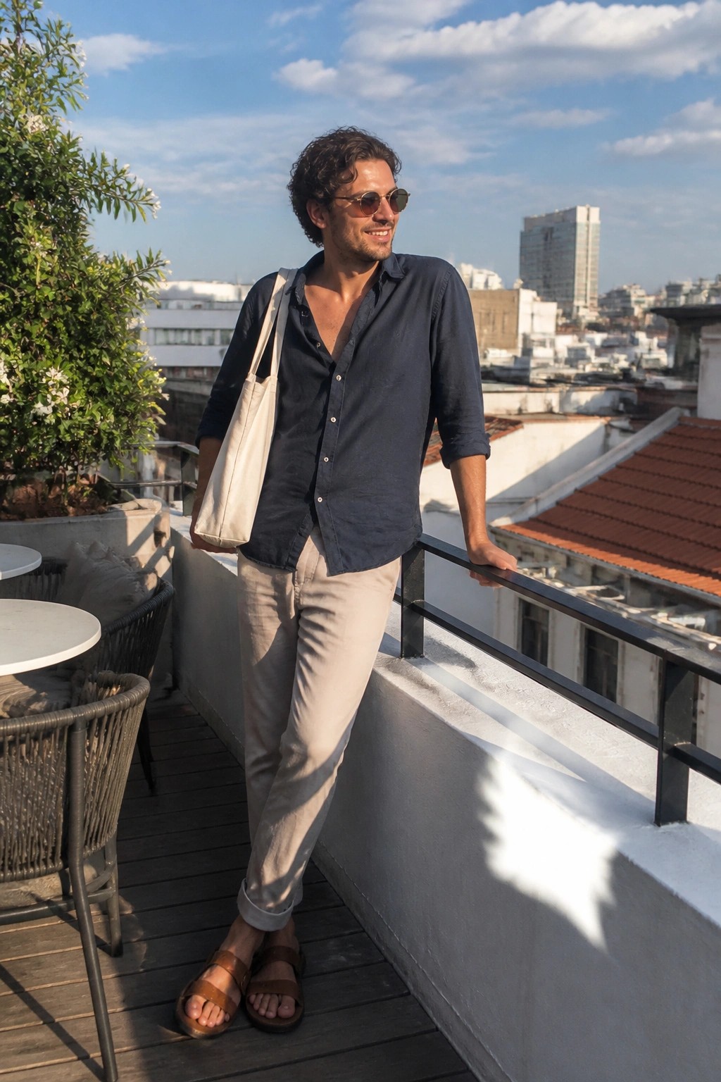 Man in blue shirt with tote bag on sunny city rooftop balcony