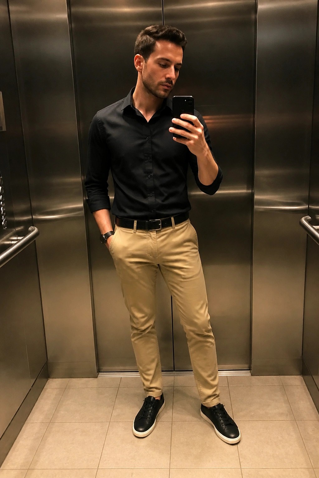 Man in black shirt and khaki pants taking mirror selfie in elevator