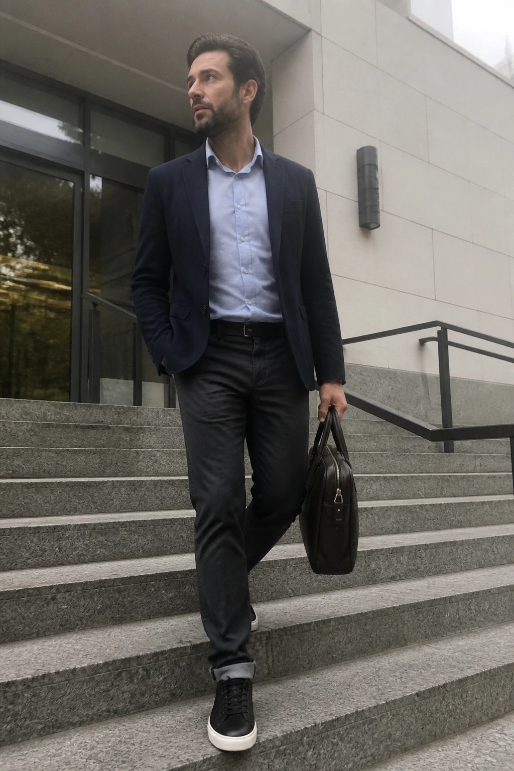 Man in navy blazer and light blue shirt holding brown briefcase on stone steps