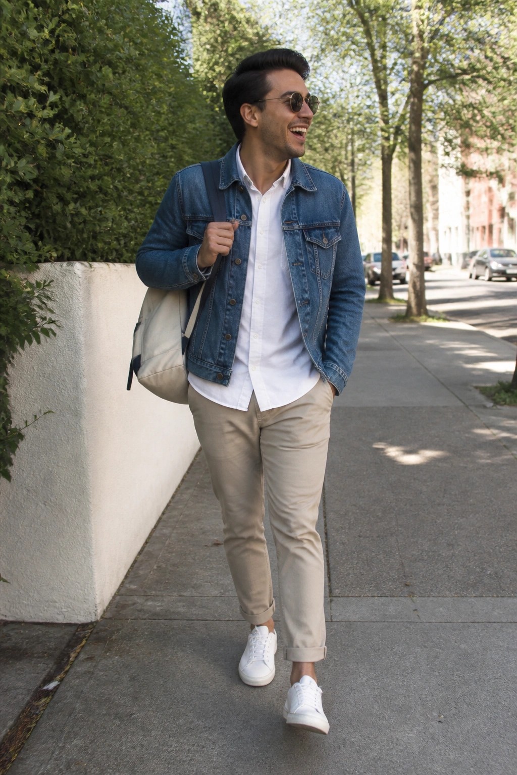 Man in denim jacket and khaki pants walks on sunny sidewalk with backpack