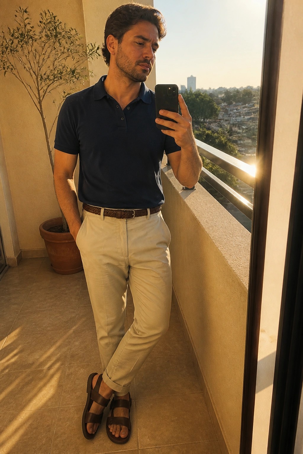 Man in navy polo and beige pants taking balcony selfie at sunset