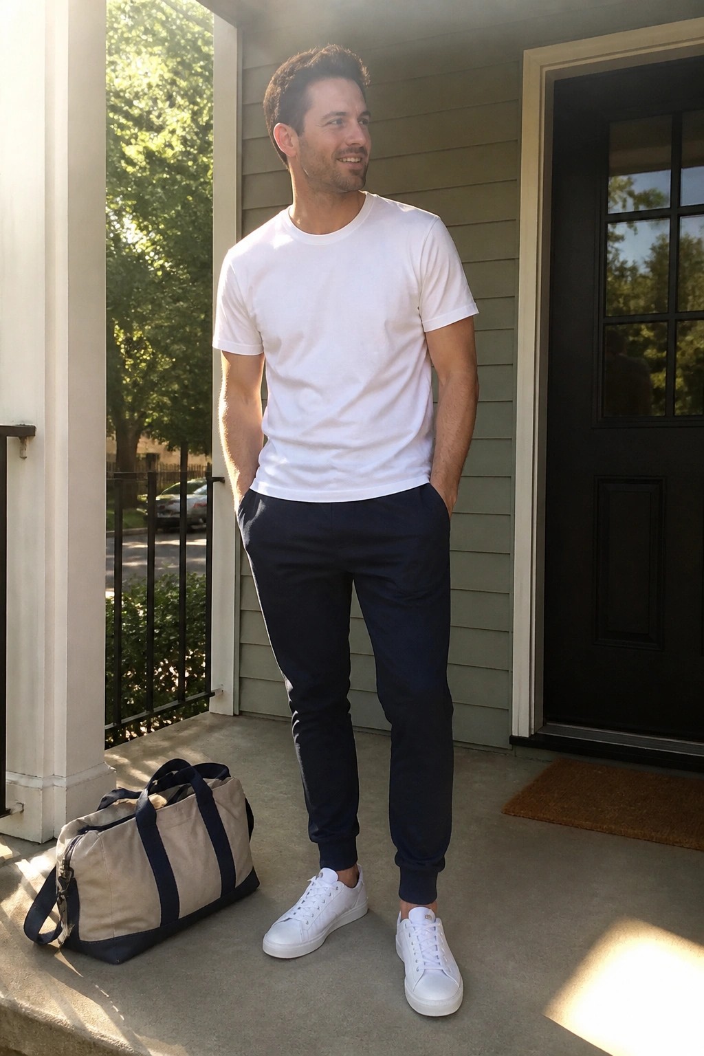 Man wearing navy jogger pants, white short sleeve t-shirt, and white sneakers standing on a porch with a duffel bag nearby.