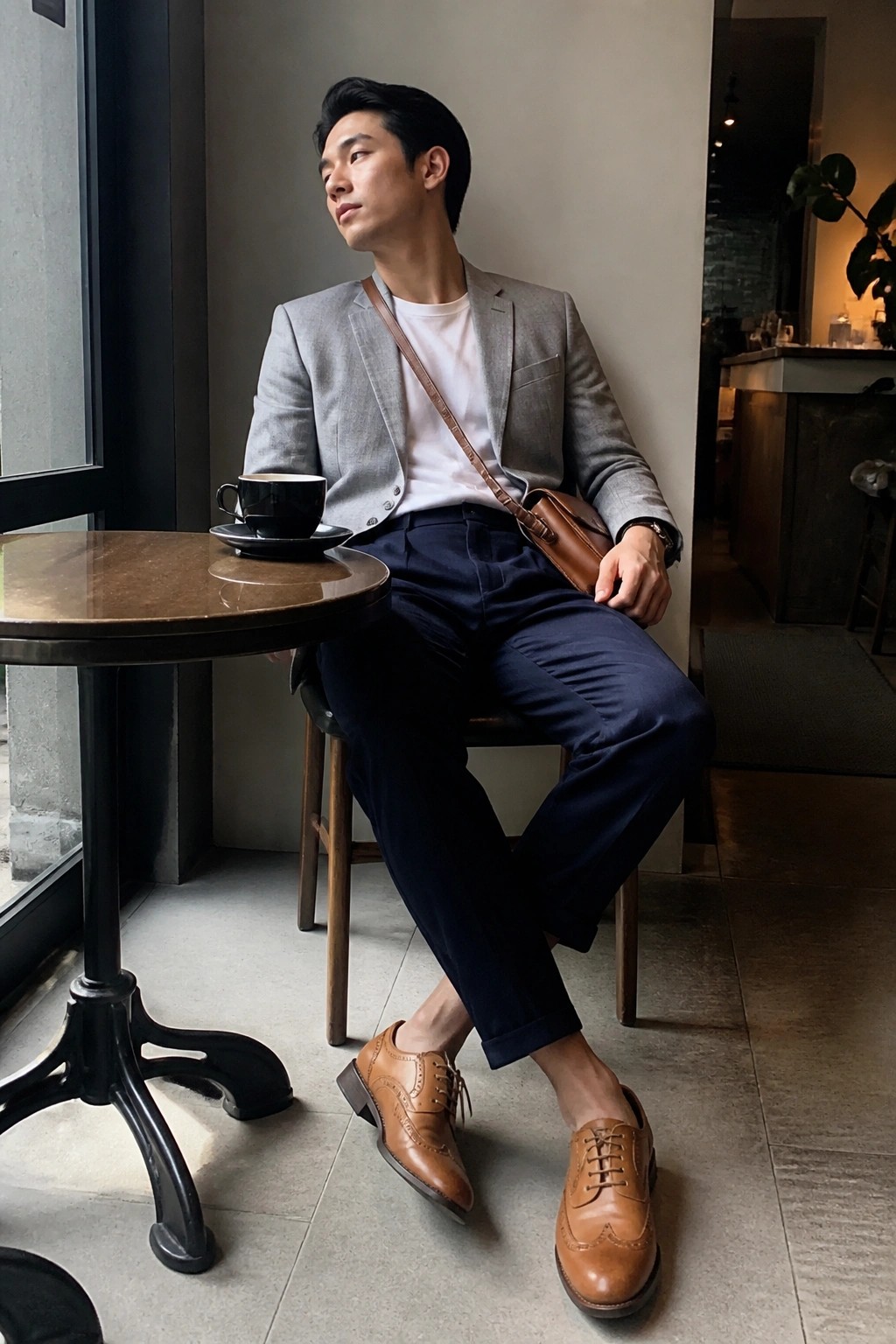 Man in gray blazer and navy pants seated at cafe table with coffee