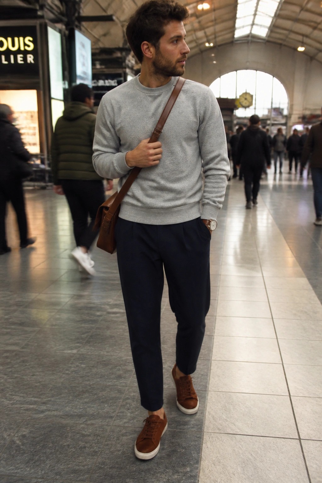 Man in gray sweater and navy pants with brown bag in station