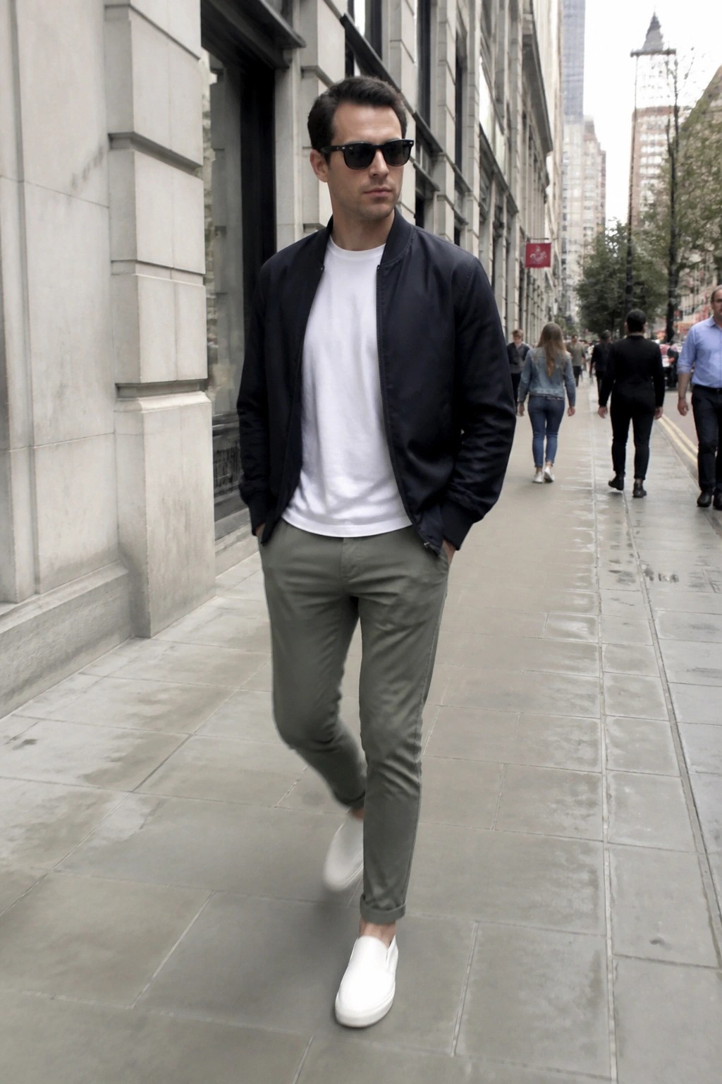 Man in black bomber jacket, white t-shirt, olive pants walking on city sidewalk