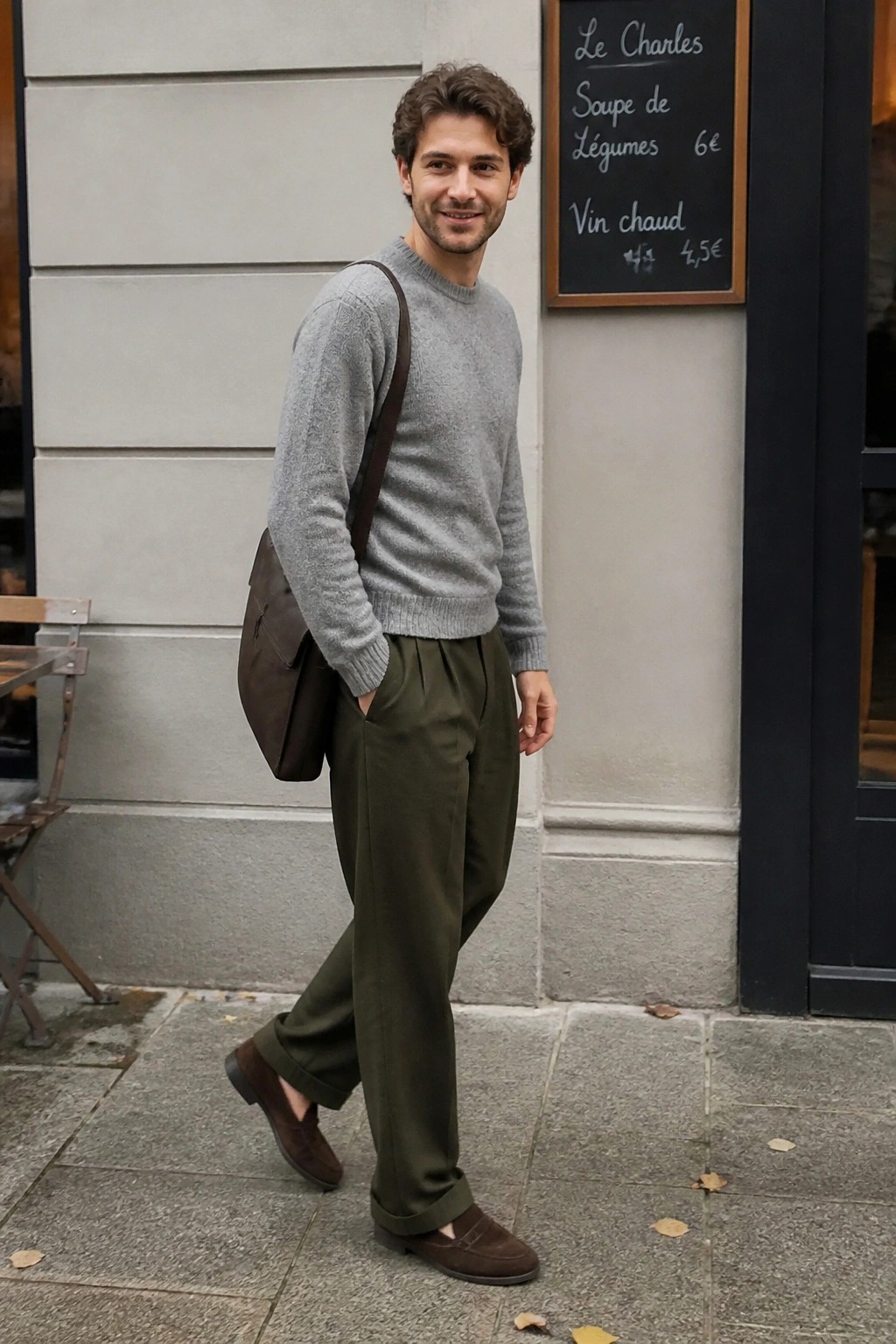A man wearing olive green wide-leg pants, a gray knit sweater, brown suede loafers, and carrying a brown leather bag, standing on a city sidewalk.