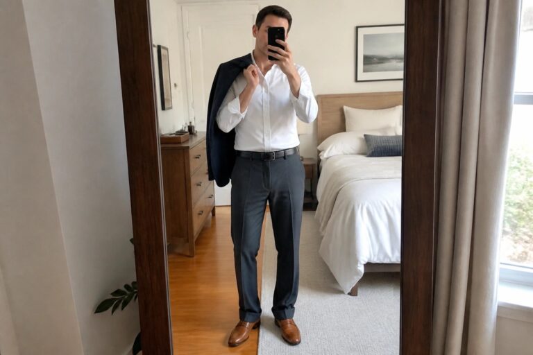 18 Relaxed Fit Formal Pants for Men Perfect for Comfortable Office Wear Man in white shirt and gray pants holding navy blazer taking bedroom mirror selfie