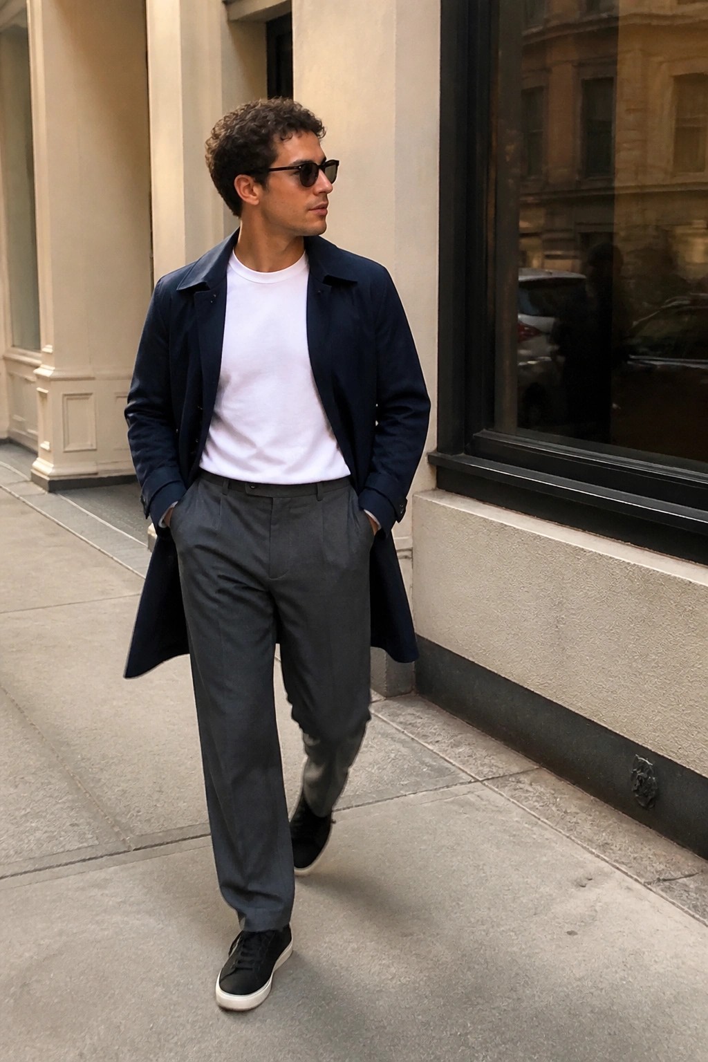 Man in navy overcoat, white tee, and gray trousers on city sidewalk
