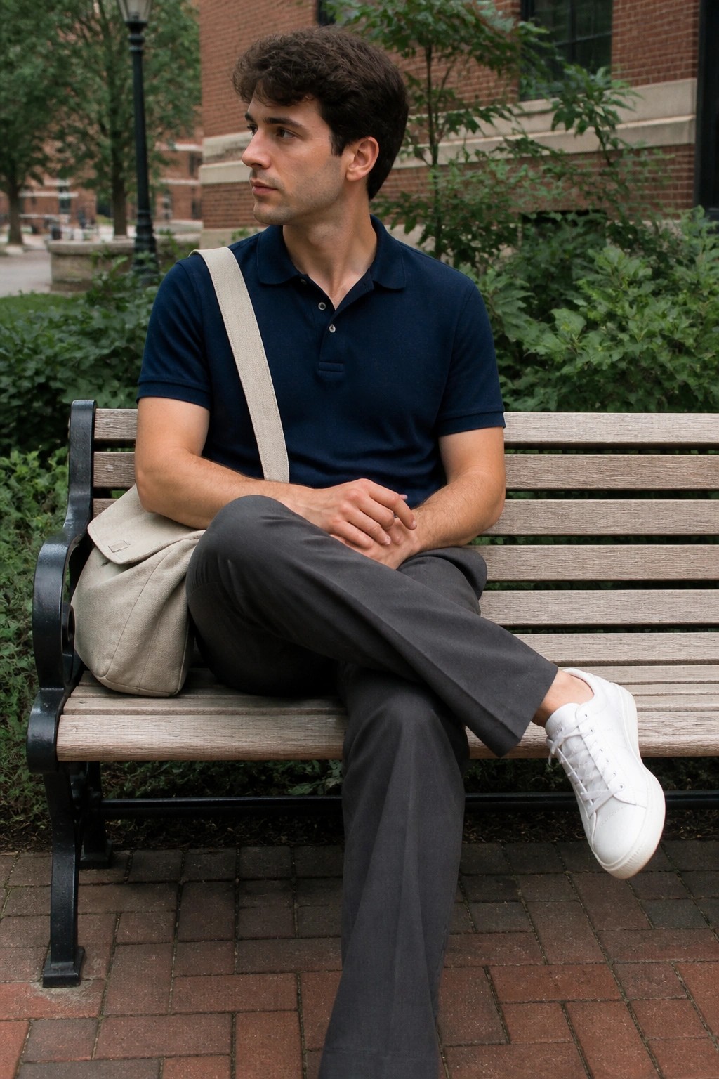 Man seated on a bench wearing a navy polo shirt, gray relaxed fit trousers, white sneakers, and a beige messenger bag over one shoulder.