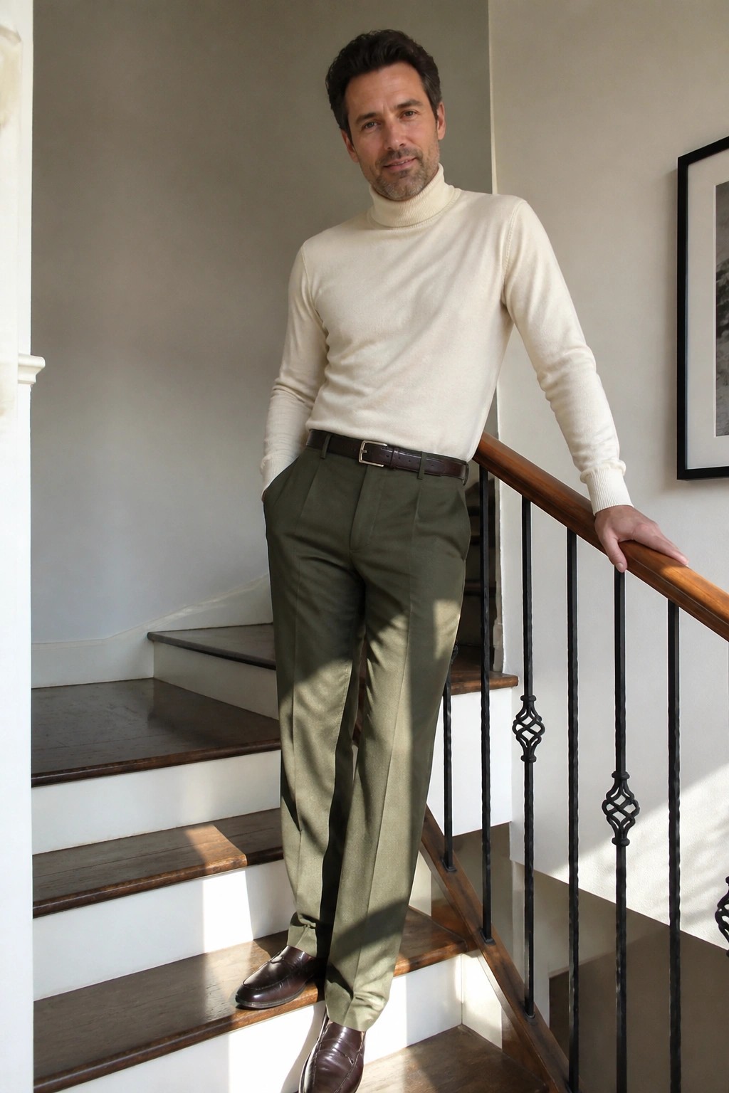 Man wearing cream turtleneck sweater, olive green relaxed fit pleated pants, brown leather belt, and brown leather loafers standing on stairs.