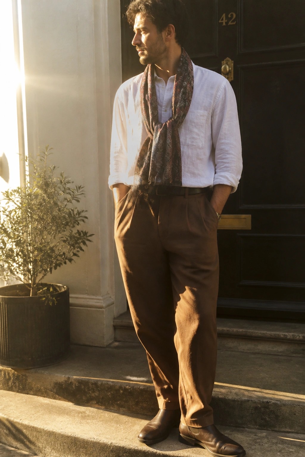 Man in white shirt, brown pants, and patterned scarf on sunlit steps.