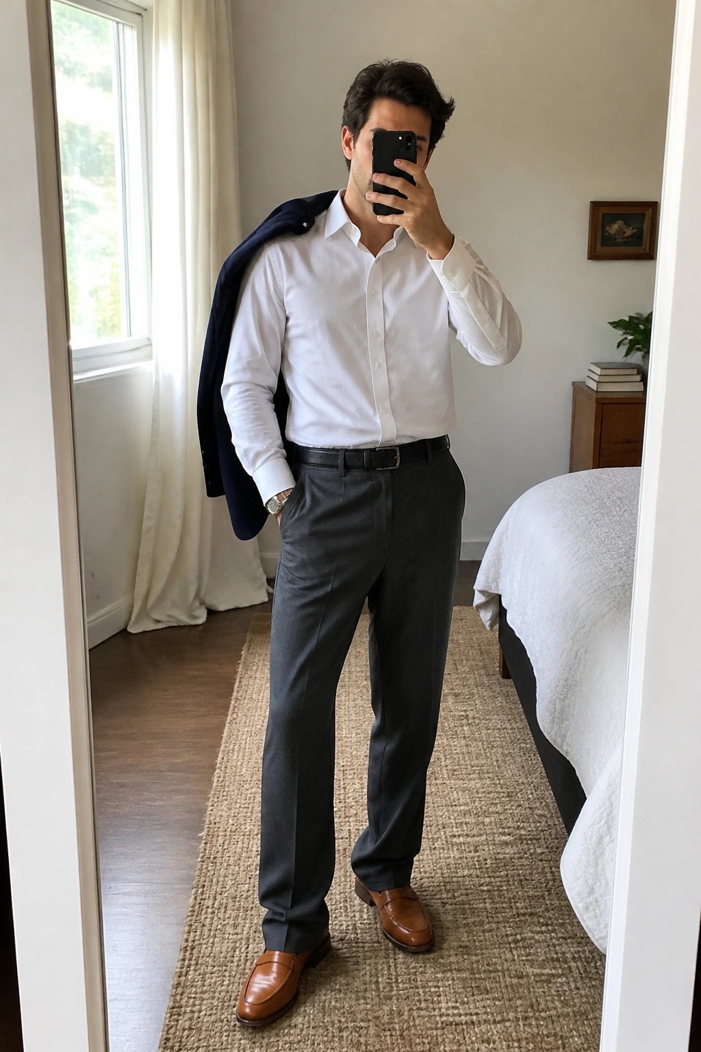 Man in white shirt and gray pants holding navy blazer taking bedroom mirror selfie