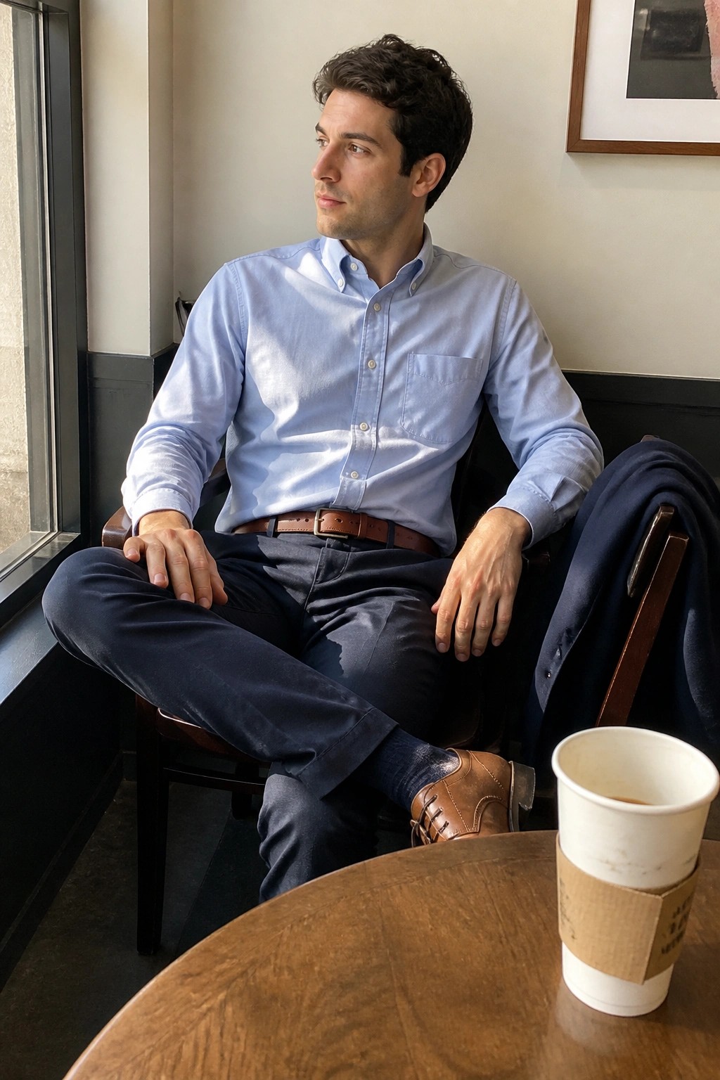 Man in light blue shirt seated by window near coffee cup on table