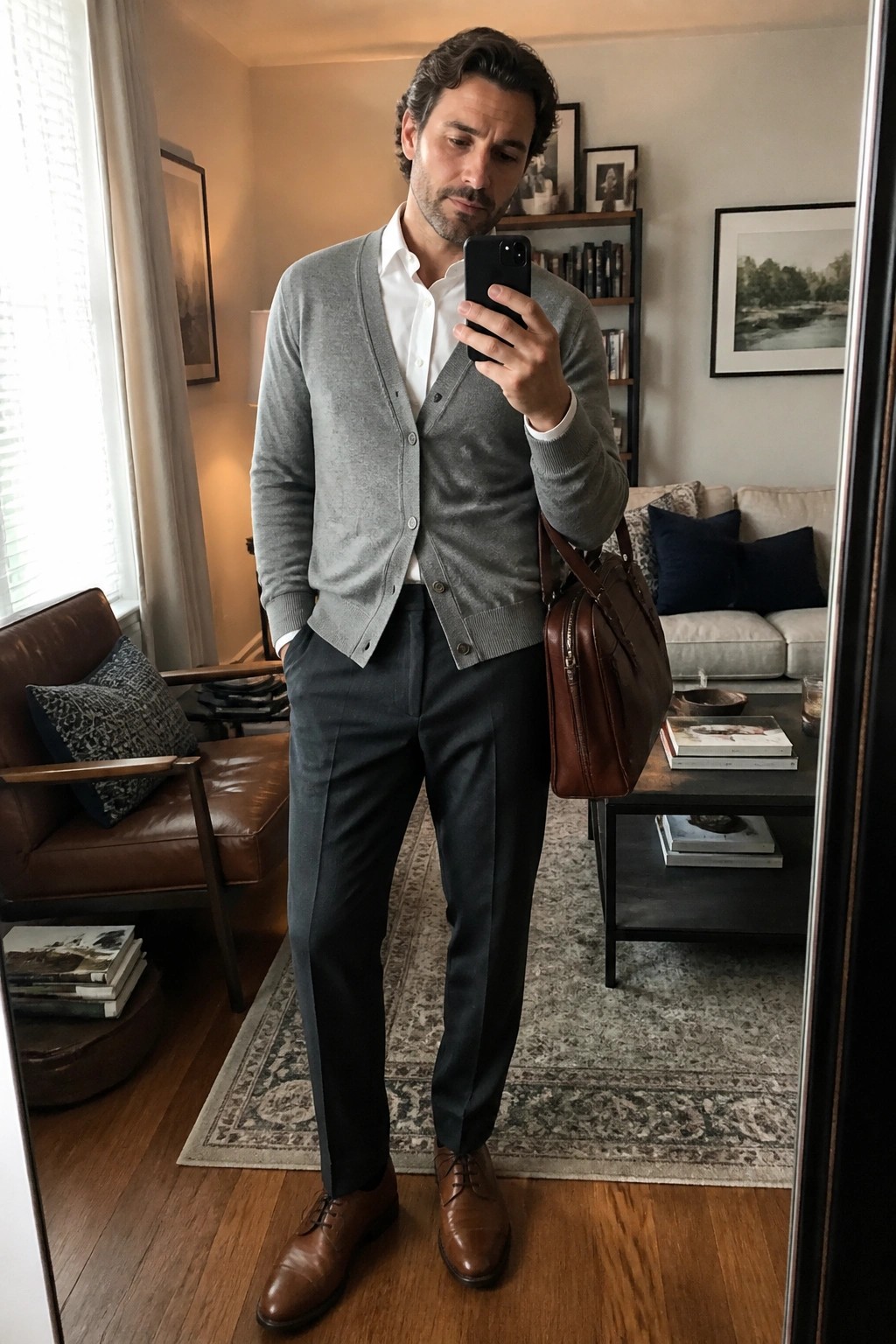 Man wearing a gray cardigan over a white button down shirt with dark relaxed fit trousers and brown leather dress shoes while holding a brown leather bag and smartphone in a living room setting.
