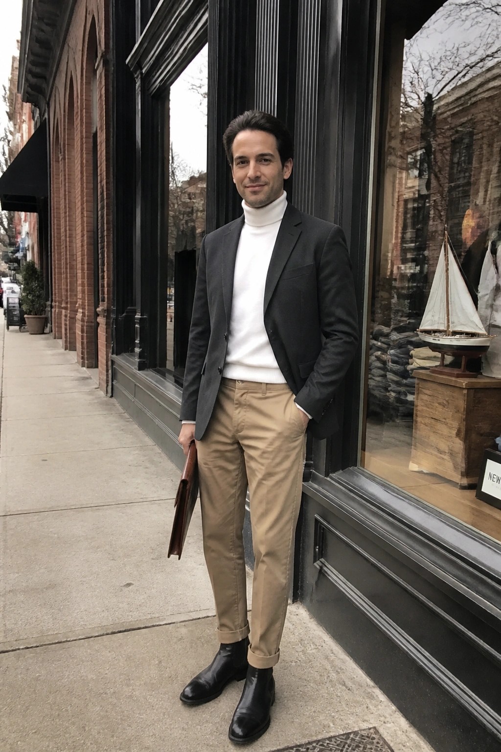 Man in gray blazer, white turtleneck, and khaki pants on city sidewalk holding leather folder
