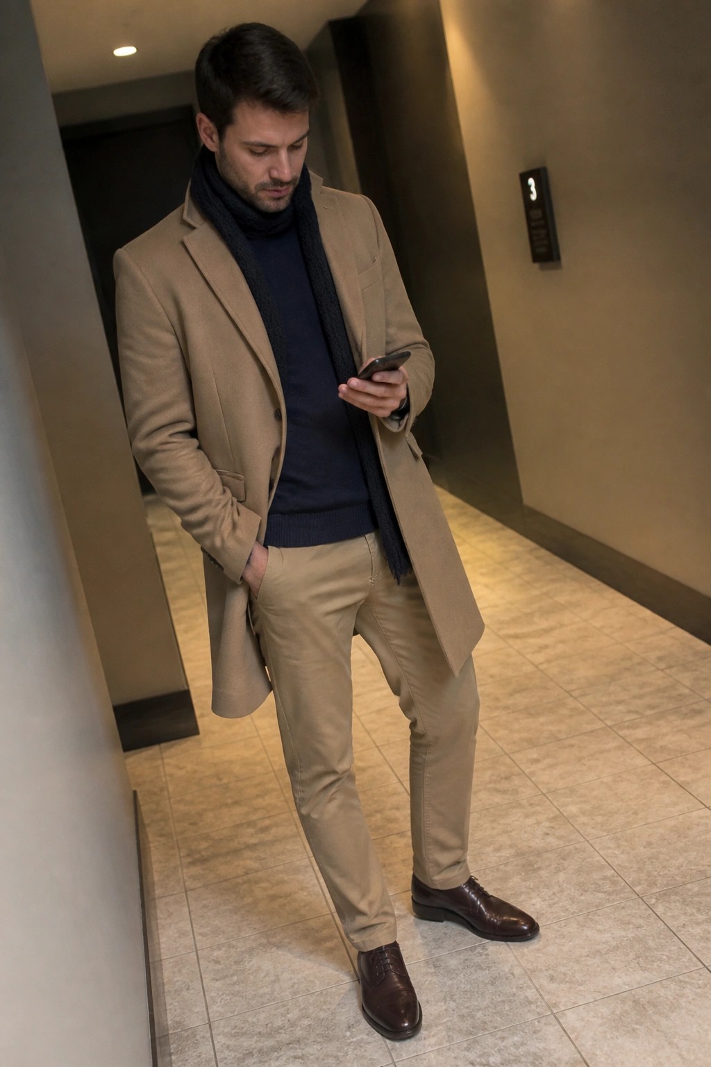 Man in tan overcoat and navy sweater checks phone in hallway