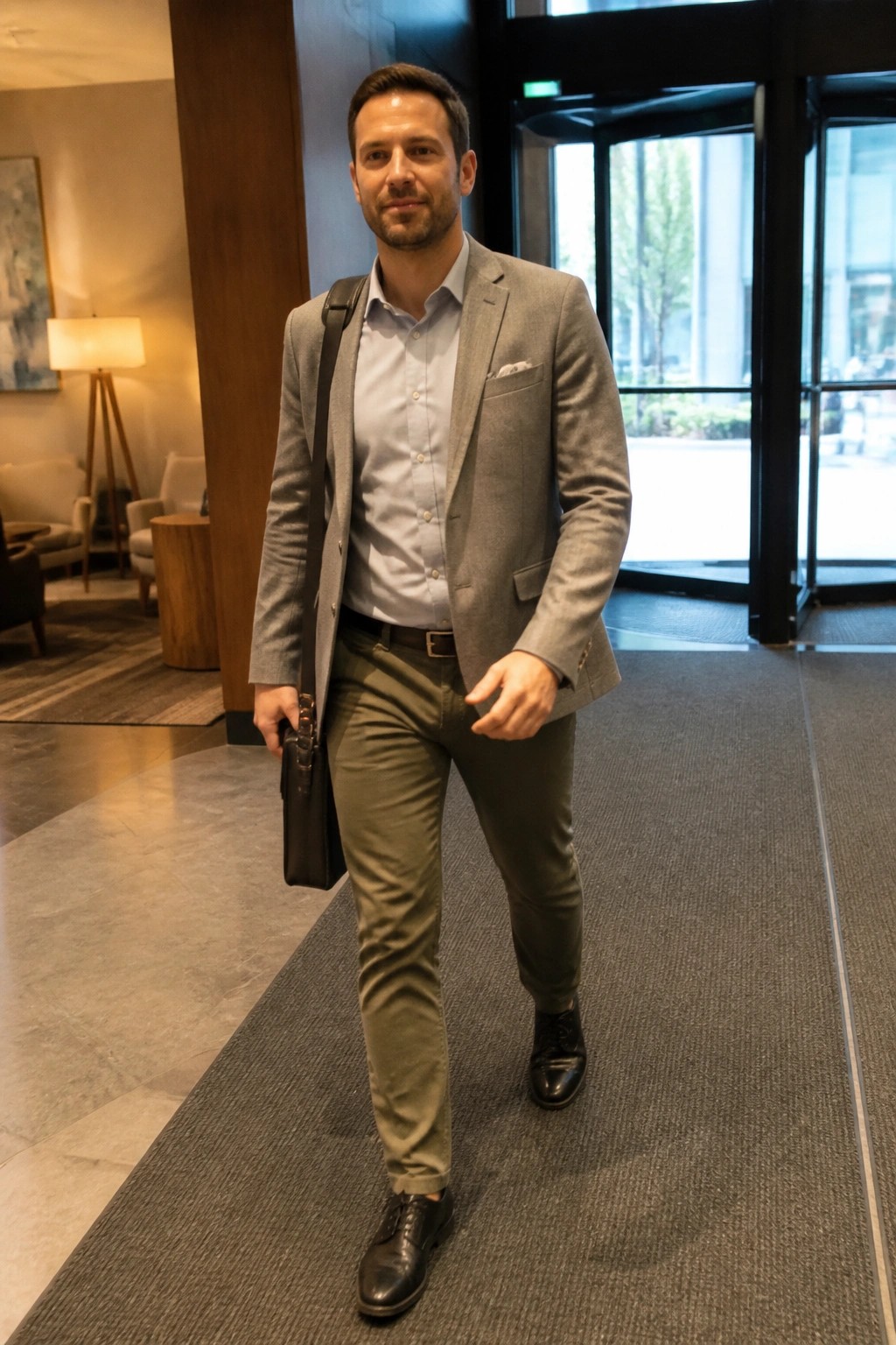 Man in gray blazer, blue shirt and olive pants holding bag in lobby