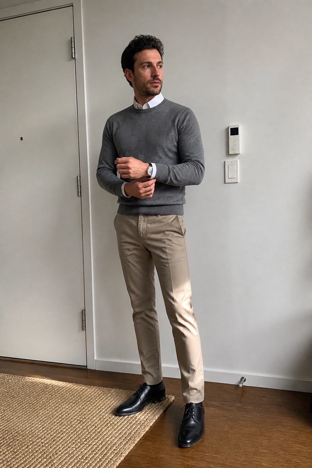 Man in gray sweater and beige pants stands in minimalist room.