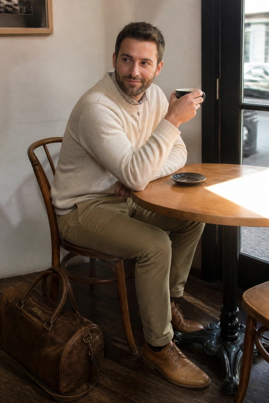 Man in cream sweater holds coffee at wooden cafe table beside leather bag