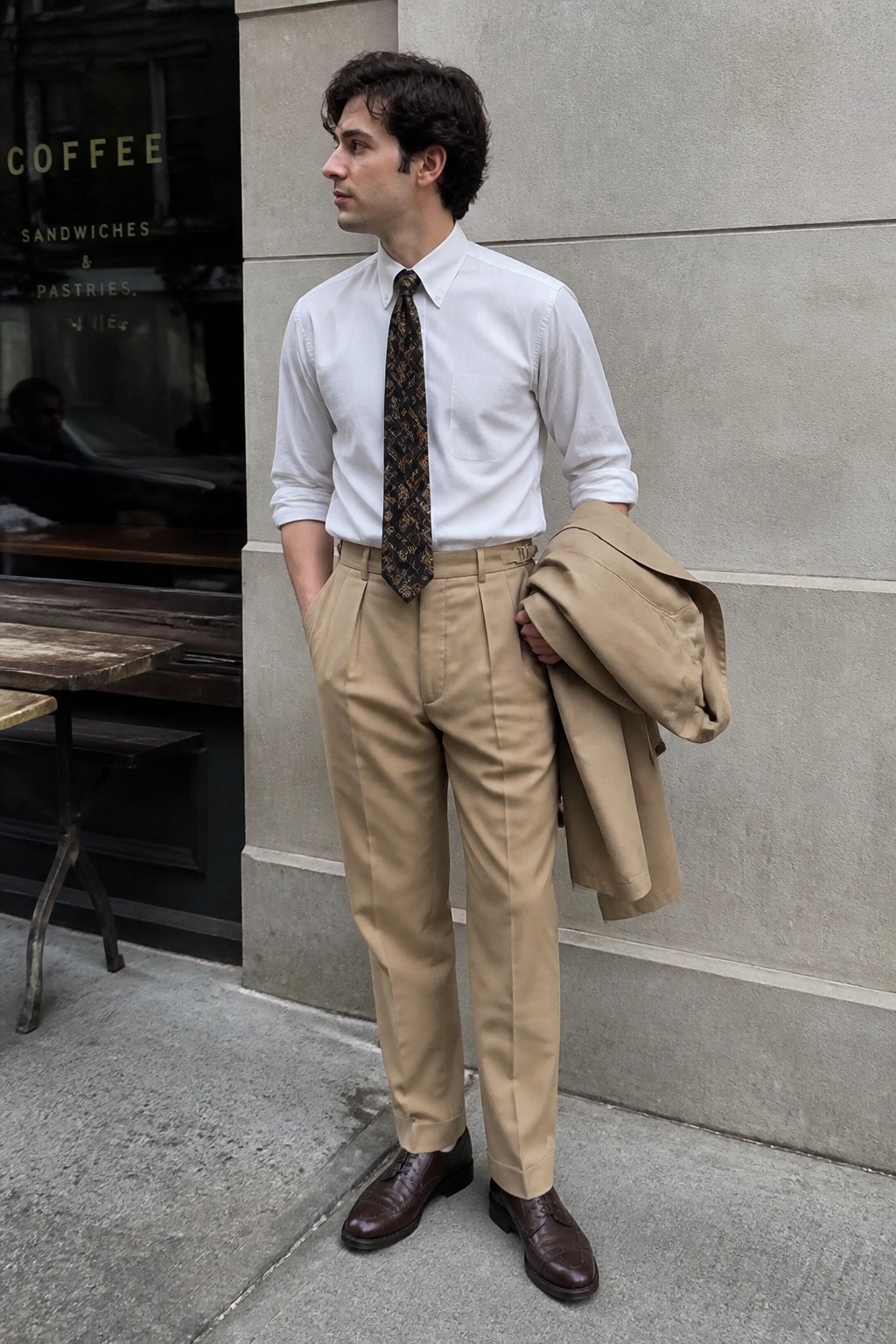 Man in white shirt, patterned tie, tan pleated pants holding beige coat outdoors.
