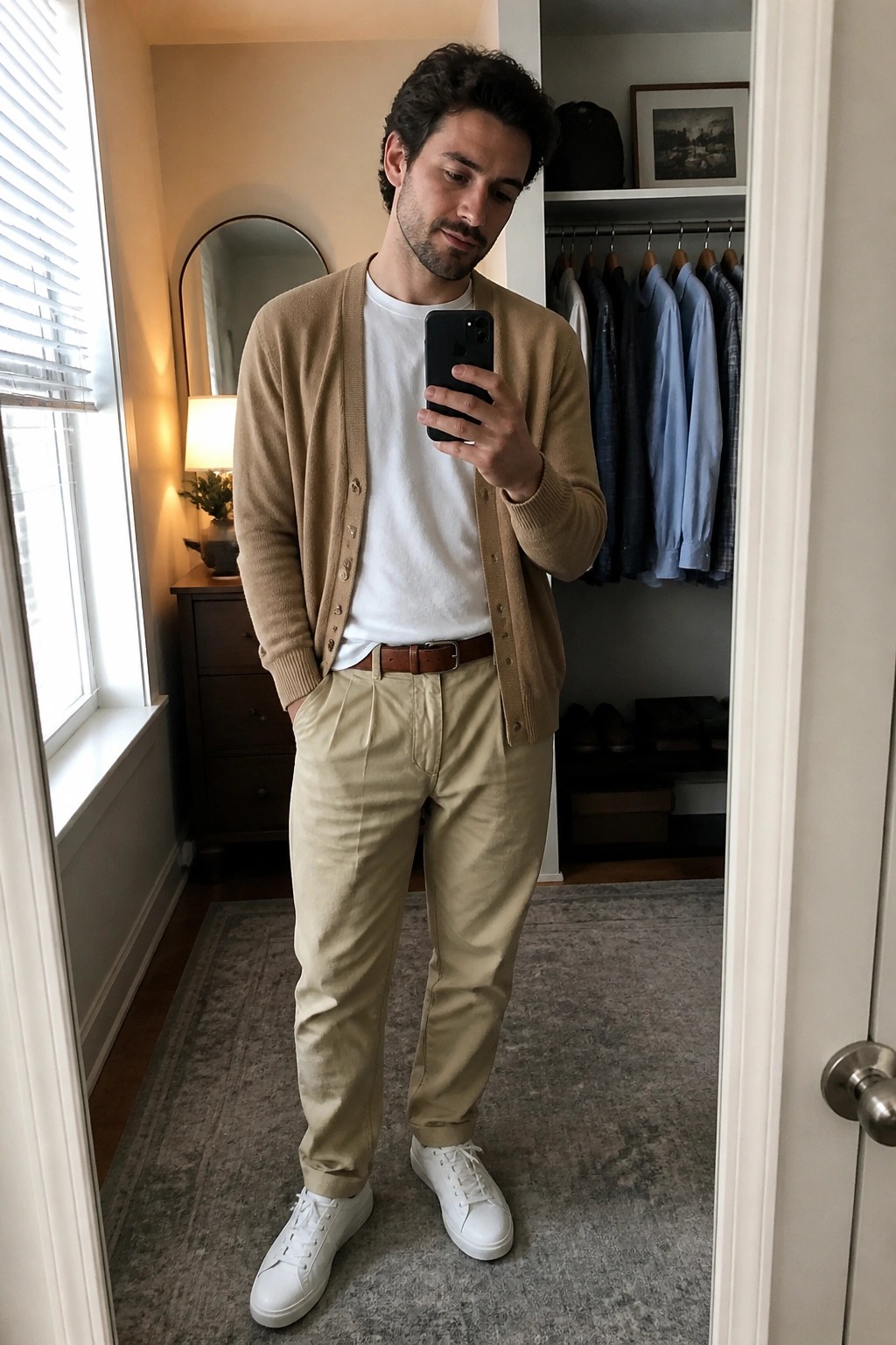 Man in tan cardigan and beige pants taking mirror selfie near open closet