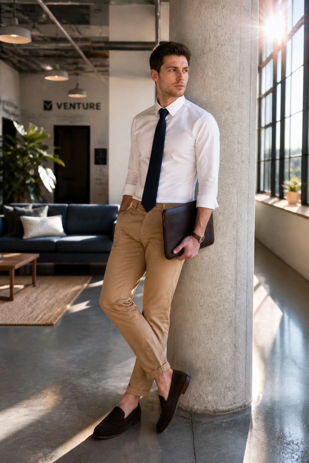 Man in white shirt, navy tie, and khakis leaning on concrete pillar with portfolio.