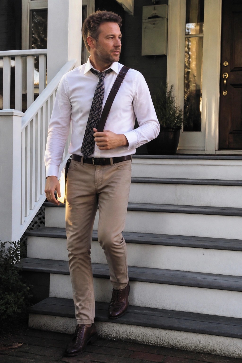 Man in white shirt, patterned tie, and suspenders standing on house steps