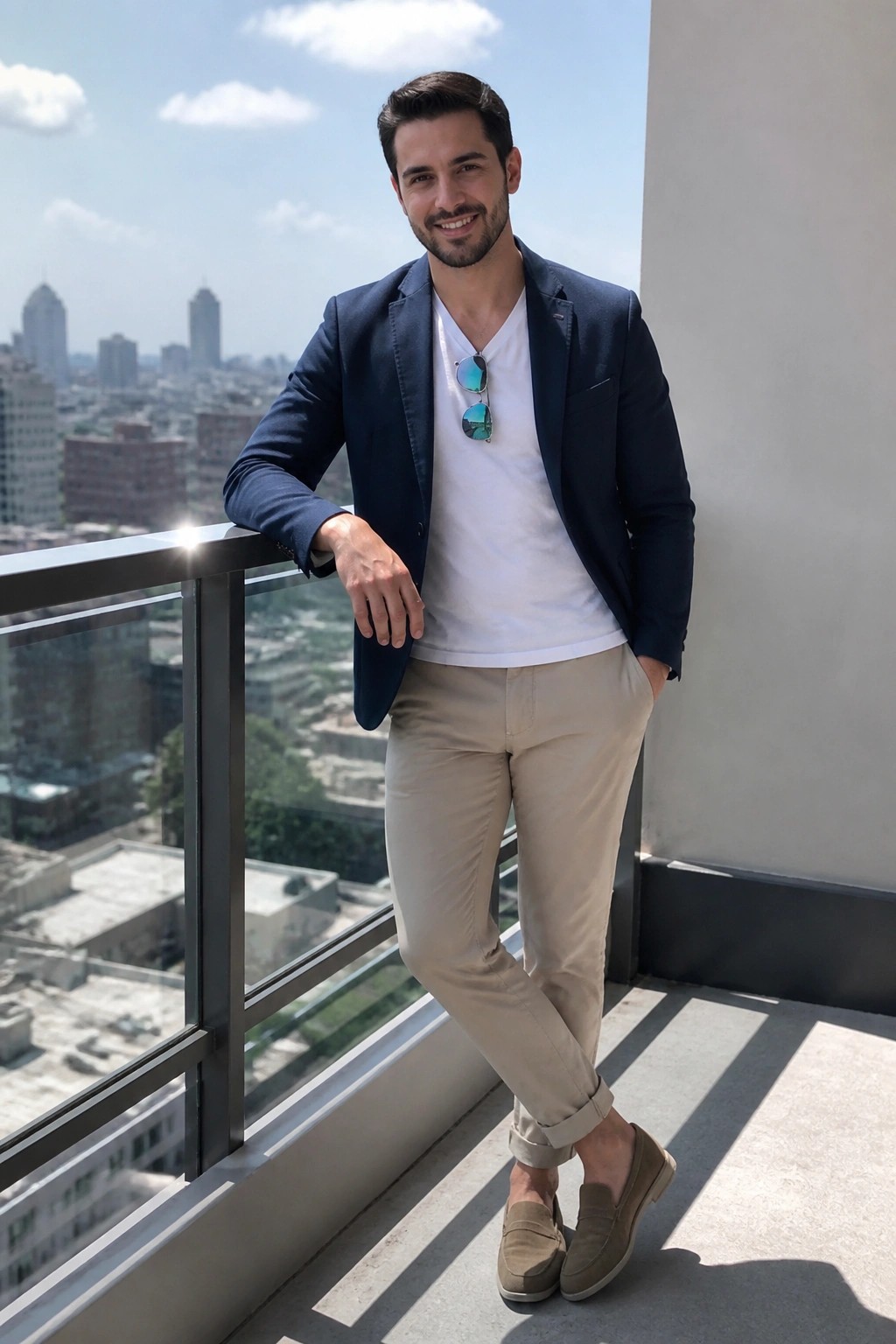 Man in navy blazer and beige pants leaning on sunny city balcony railing.
