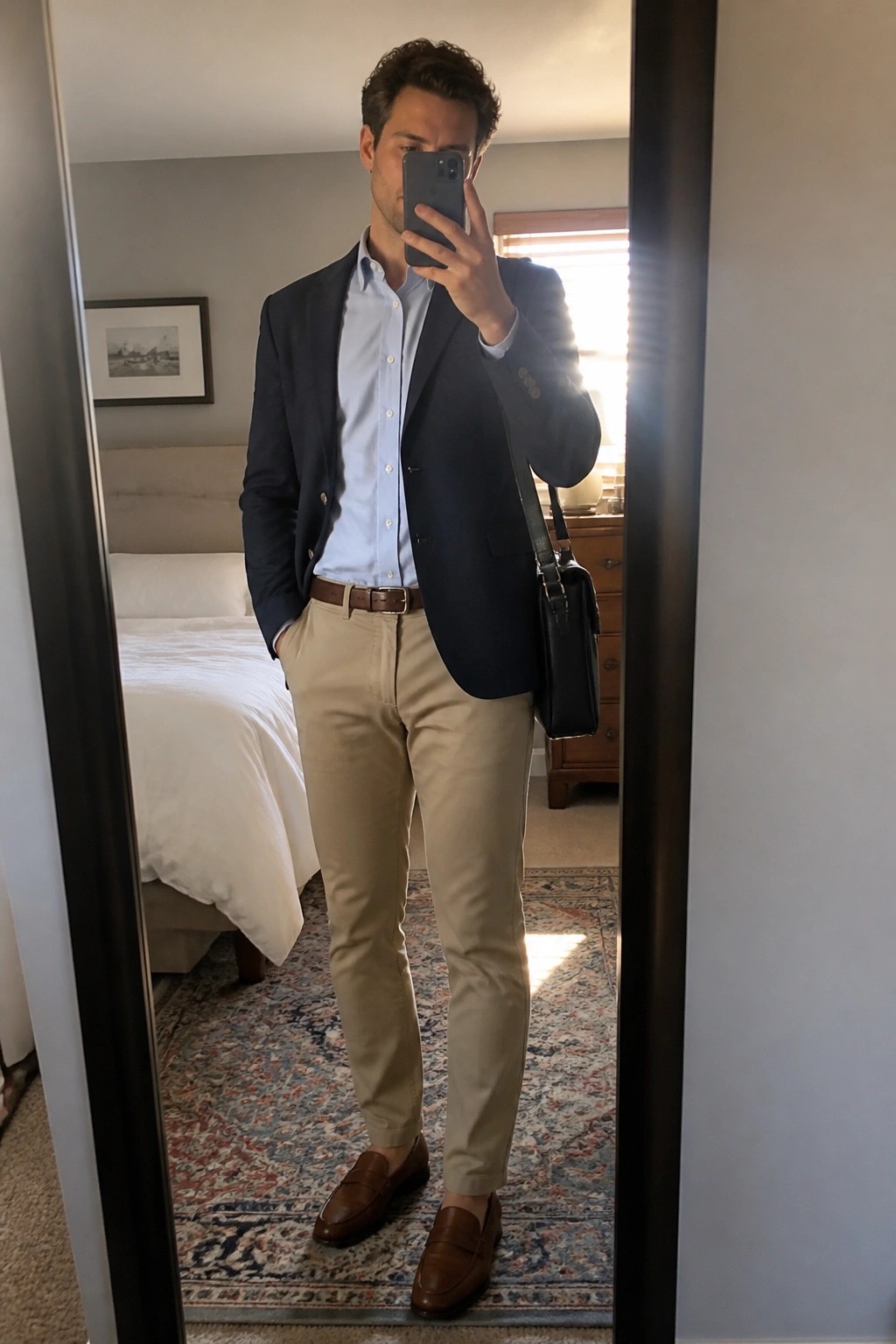 Man in navy blazer and khaki pants taking mirror selfie in bedroom