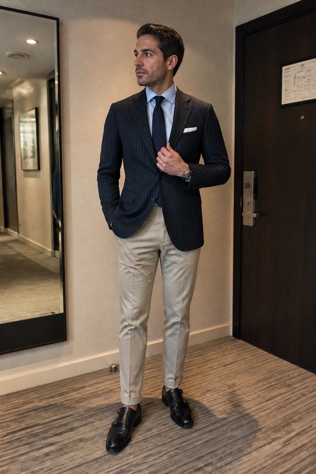 Man in navy pinstripe blazer and beige pants adjusting tie in hallway