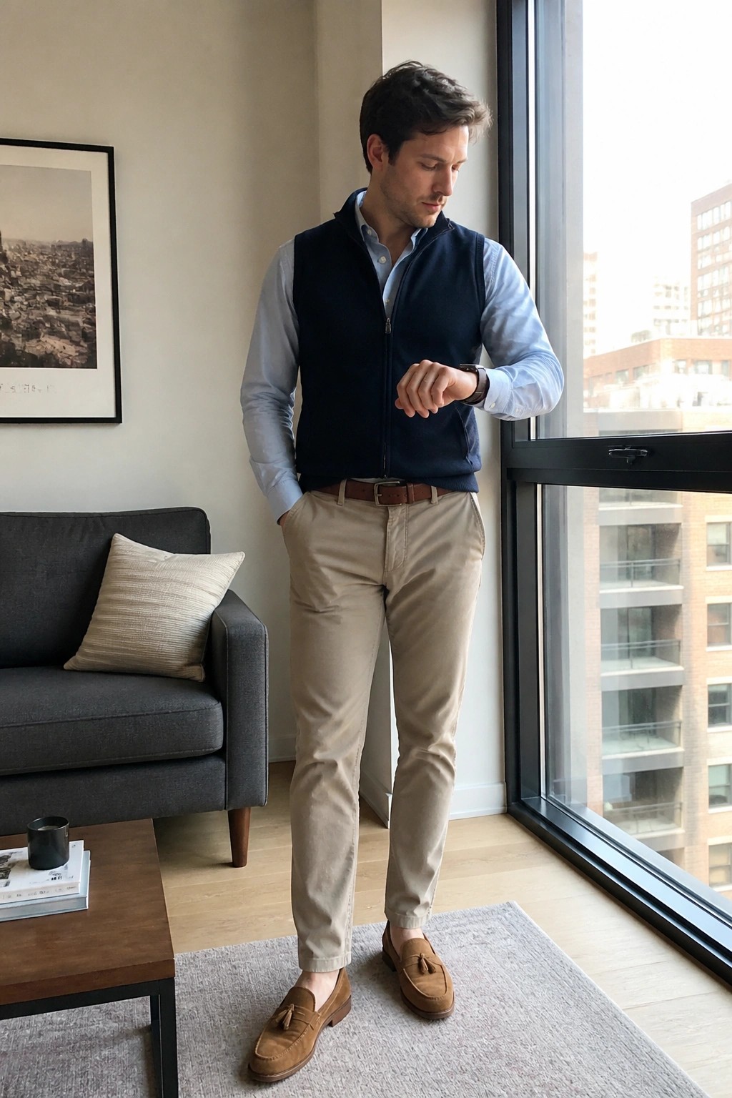 Man in navy vest, blue shirt, and khaki pants checks watch by window.