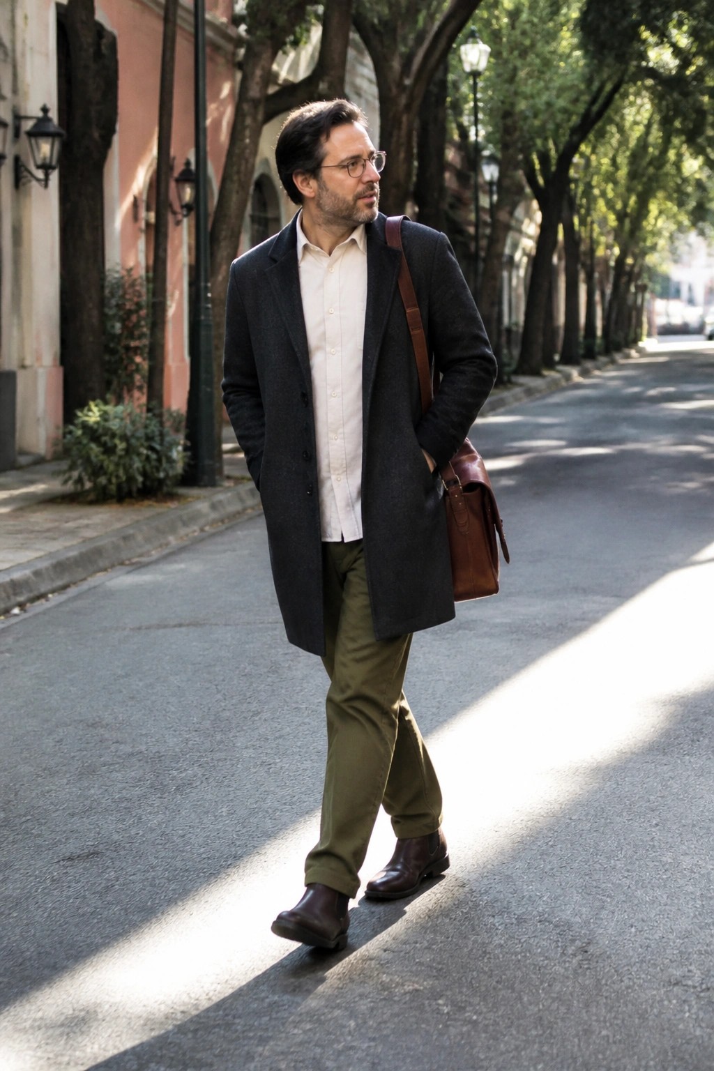Man in dark coat and olive pants walks sunny tree-lined street with leather bag.