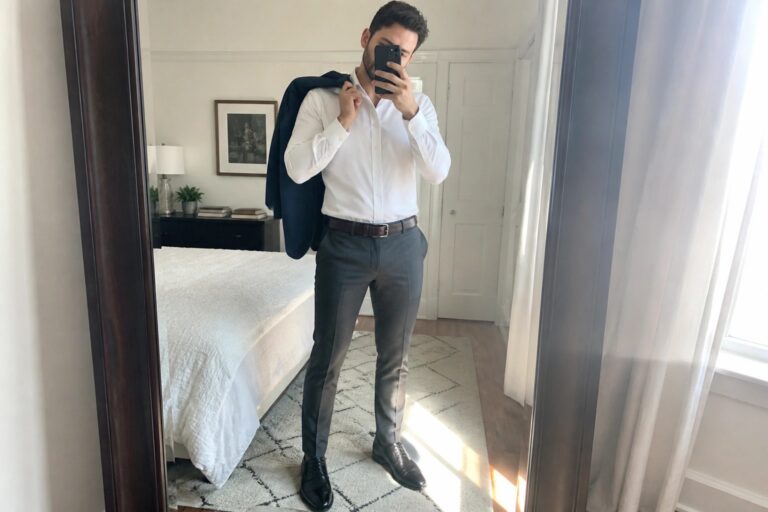 Man in white shirt and gray pants taking mirror selfie with navy blazer over shoulder