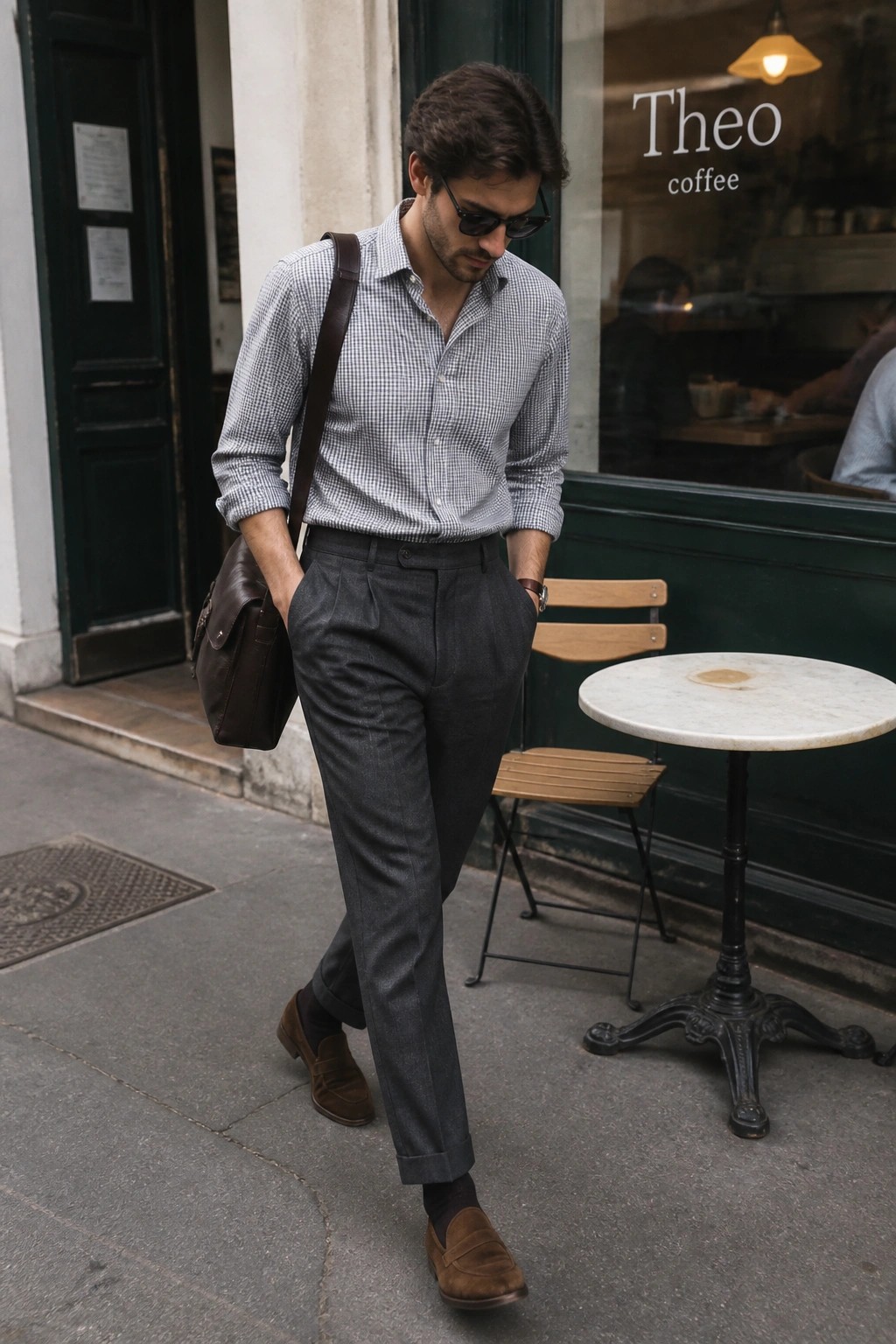 Man in gingham shirt and pleated trousers with leather bag outside cafe