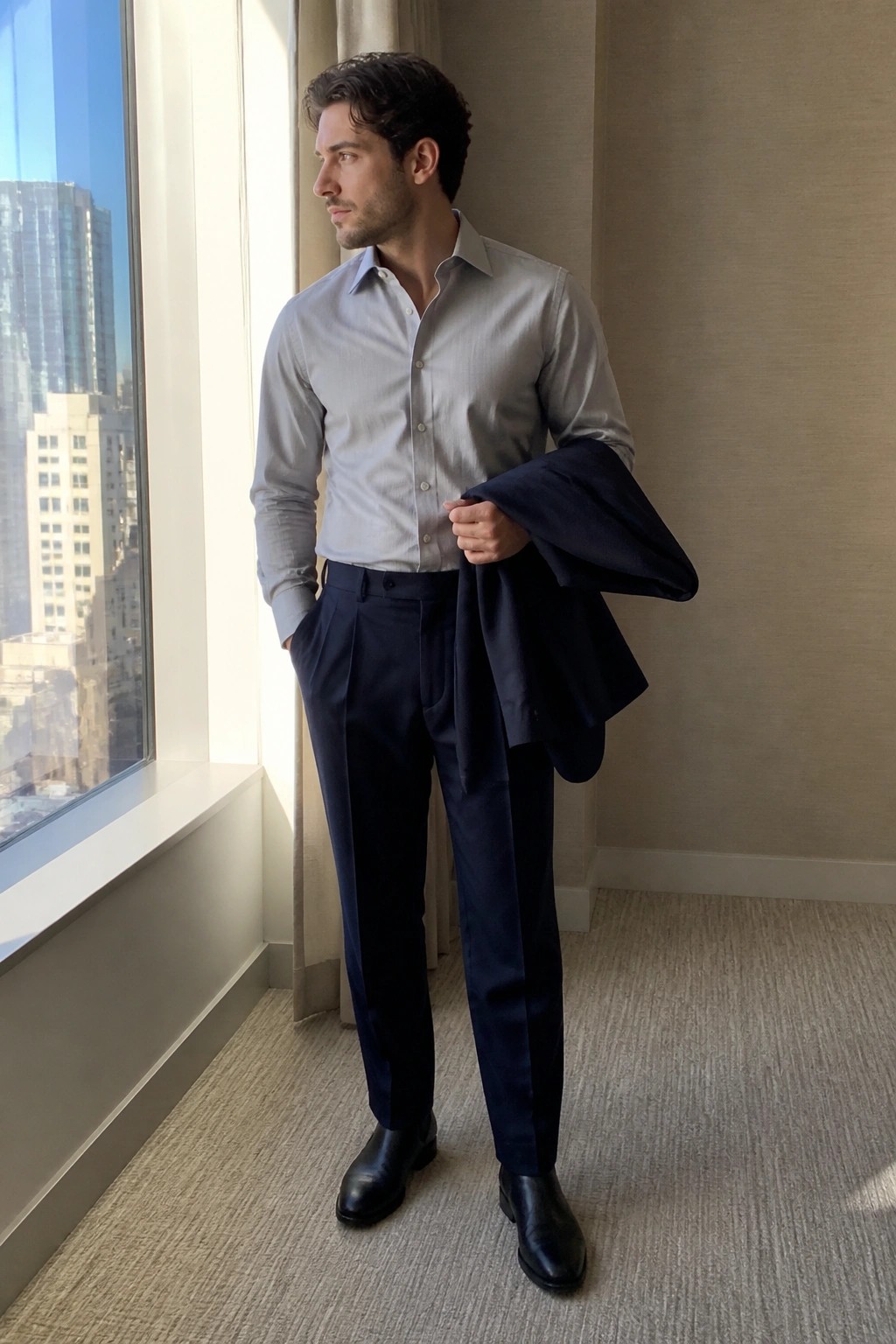 Man in light gray shirt and navy pants holds jacket by window