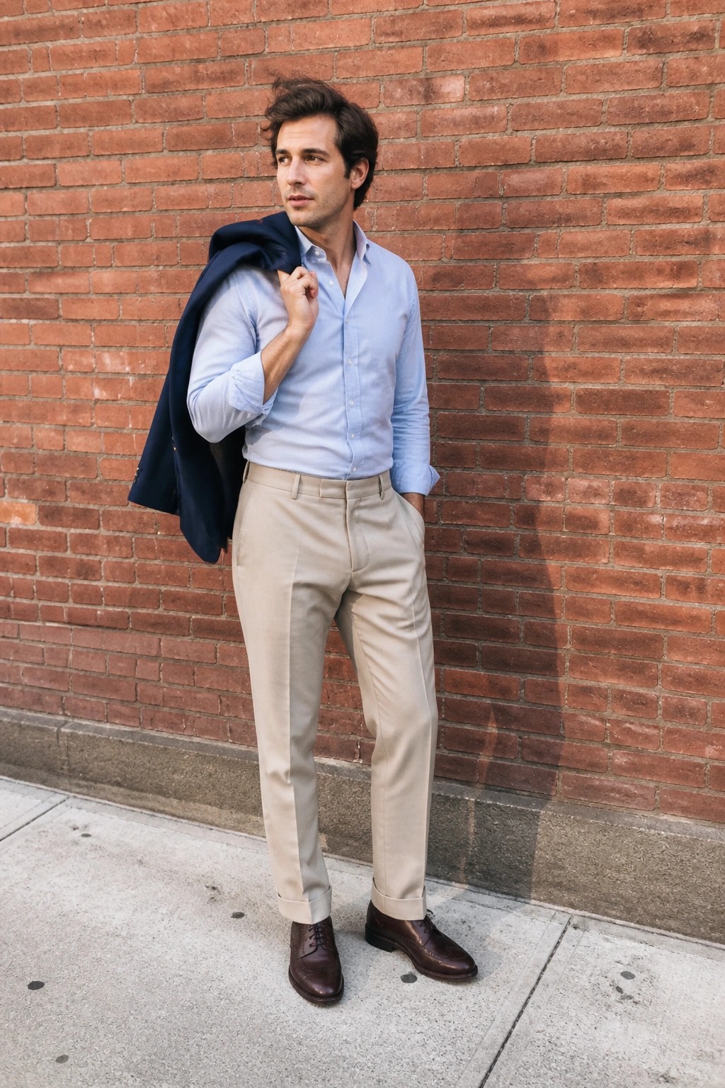 Man in light blue shirt and beige pants holding navy blazer by brick wall