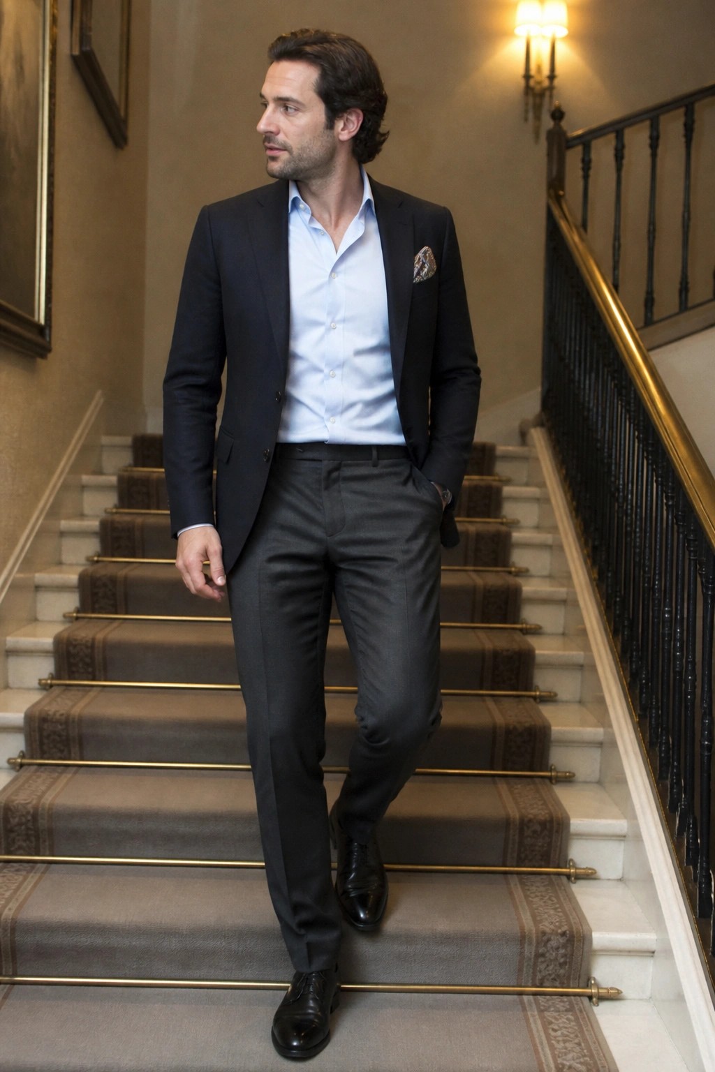Man in navy blazer, light blue shirt, and gray trousers on staircase.