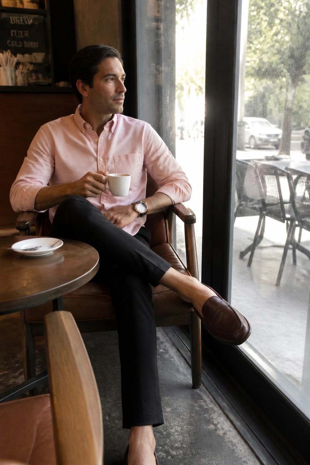 Man in pink shirt holding coffee by large cafe window, legs crossed