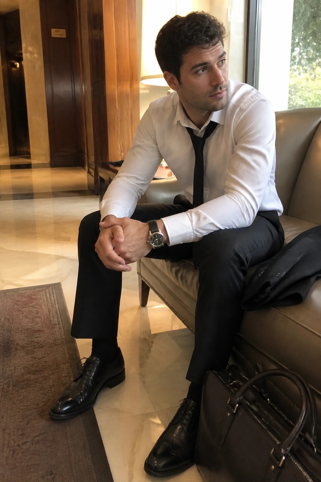 Man in white shirt and black tie sits on beige couch with bags nearby.
