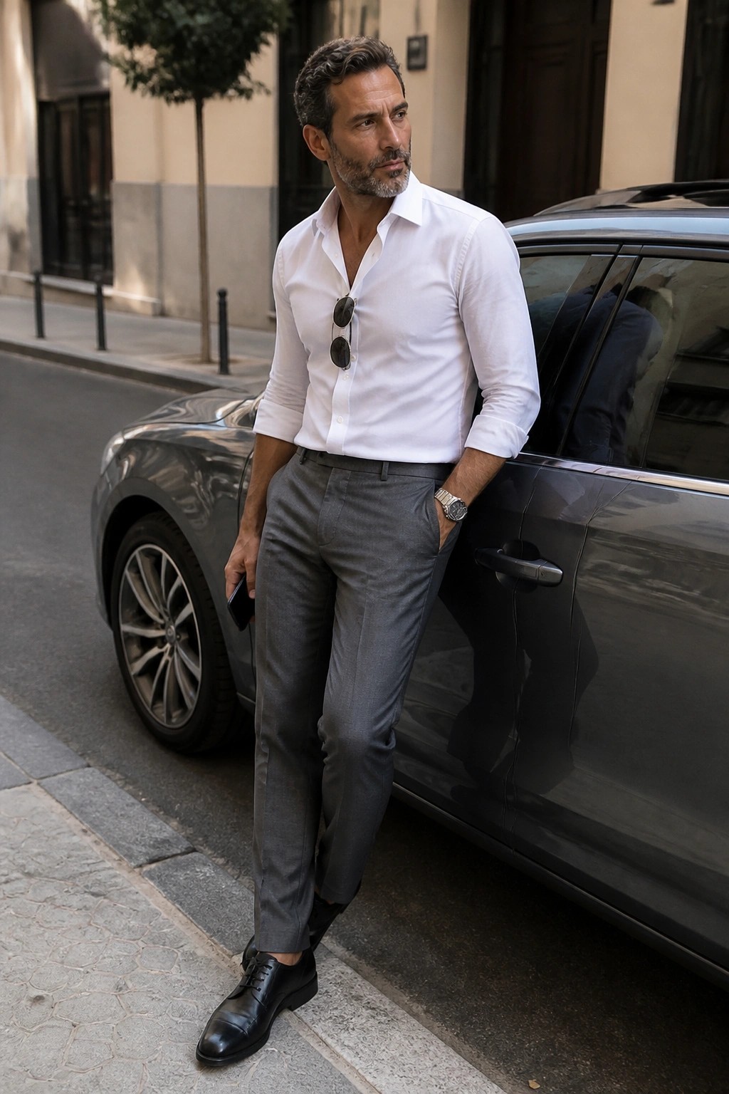 Man in white shirt and gray pants leaning against dark luxury car on street