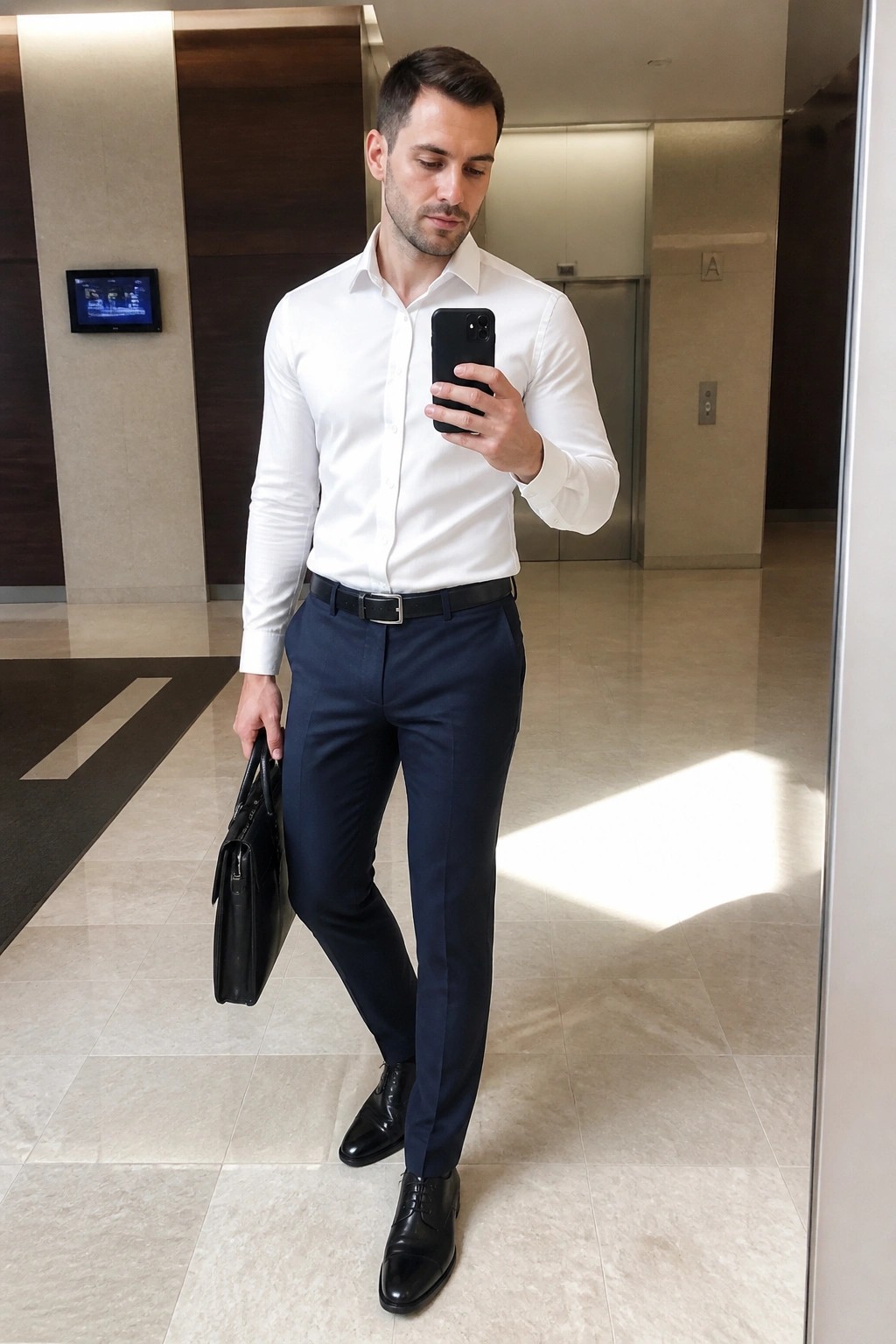 Man in white shirt and navy pants taking mirror selfie with briefcase in lobby