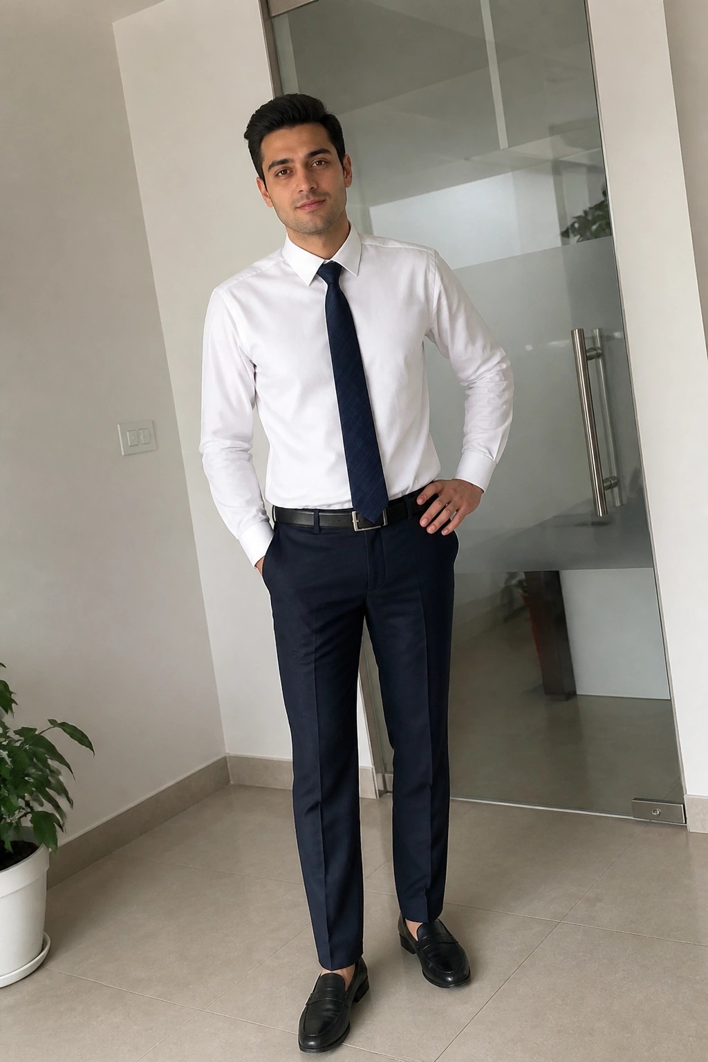 Man in white shirt, navy tie and trousers posing indoors by glass door