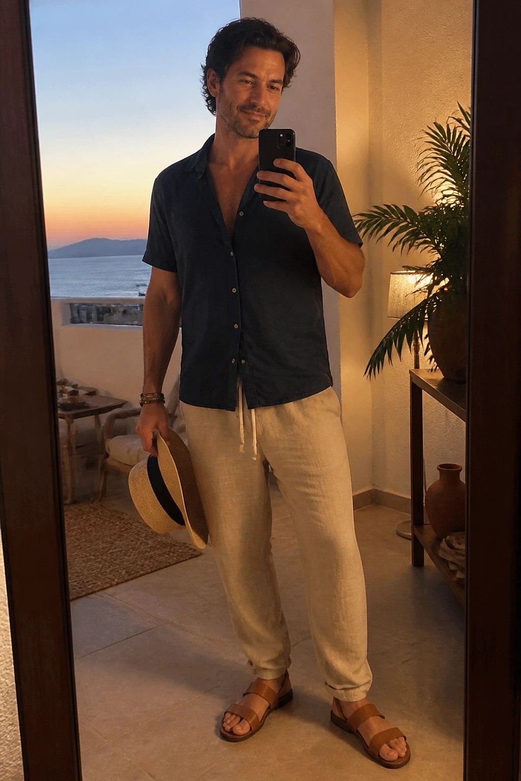 Man in navy shirt and beige pants taking mirror selfie at ocean sunset