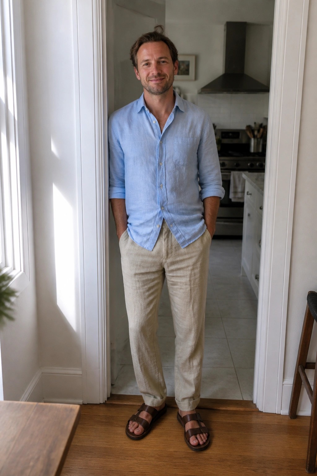 Man in light blue shirt and beige pants stands in kitchen doorway.