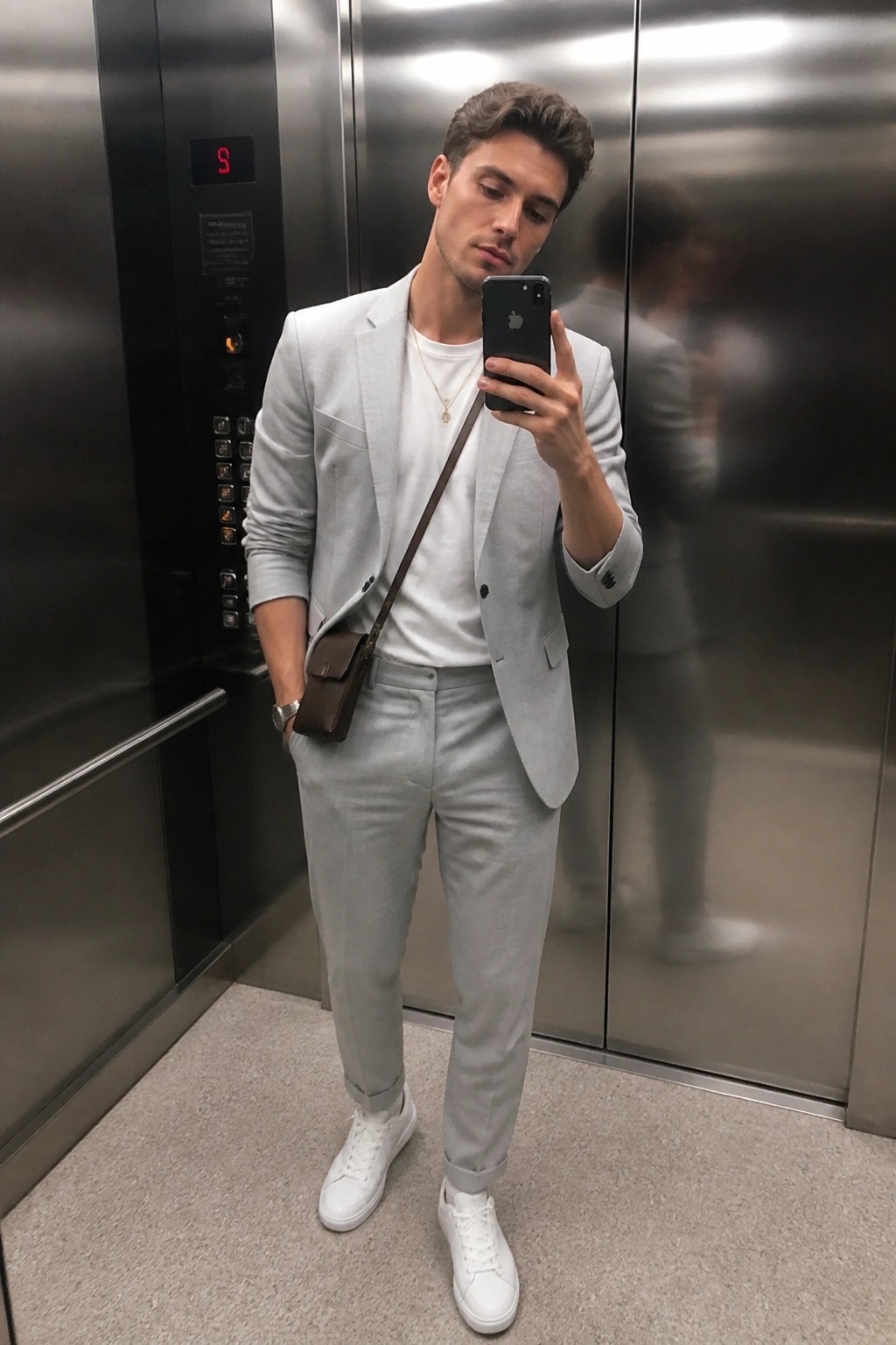Man in light gray suit taking mirror selfie in elevator with brown bag.