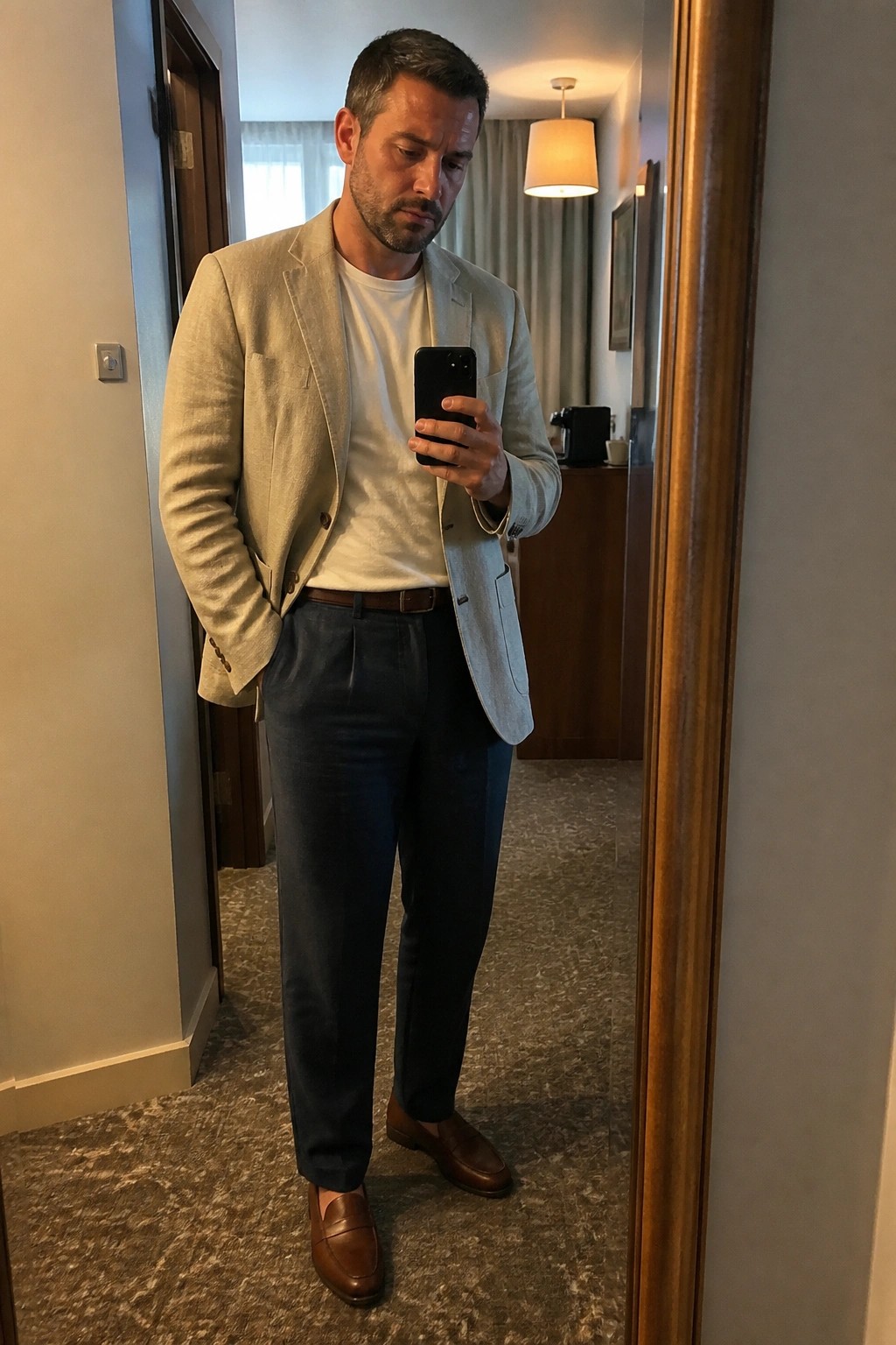 Man in beige blazer and navy pants taking mirror selfie in hotel hallway