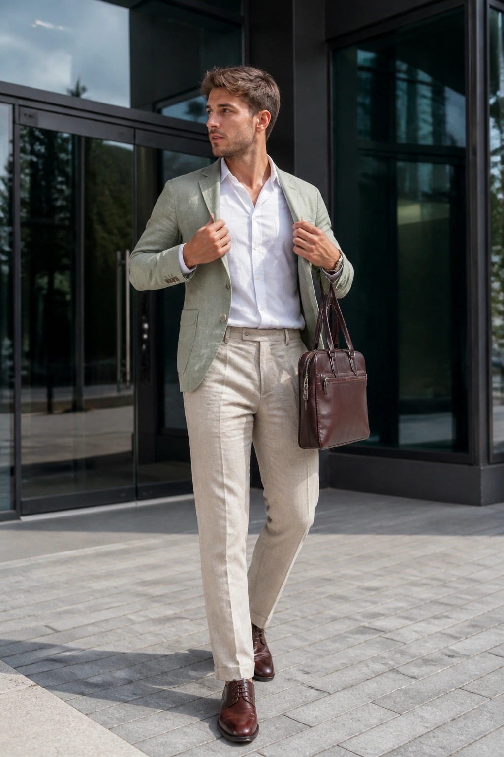 Man in light green blazer and beige pants carrying brown leather bag outside building