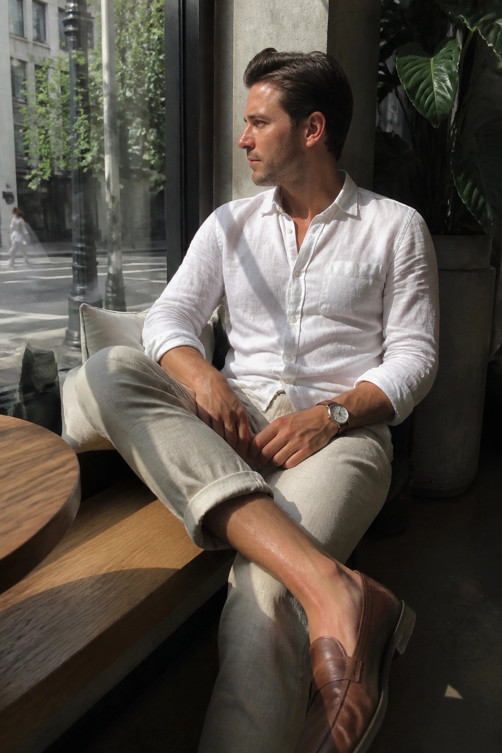 Man in white shirt and beige pants sitting by sunny window overlooking street